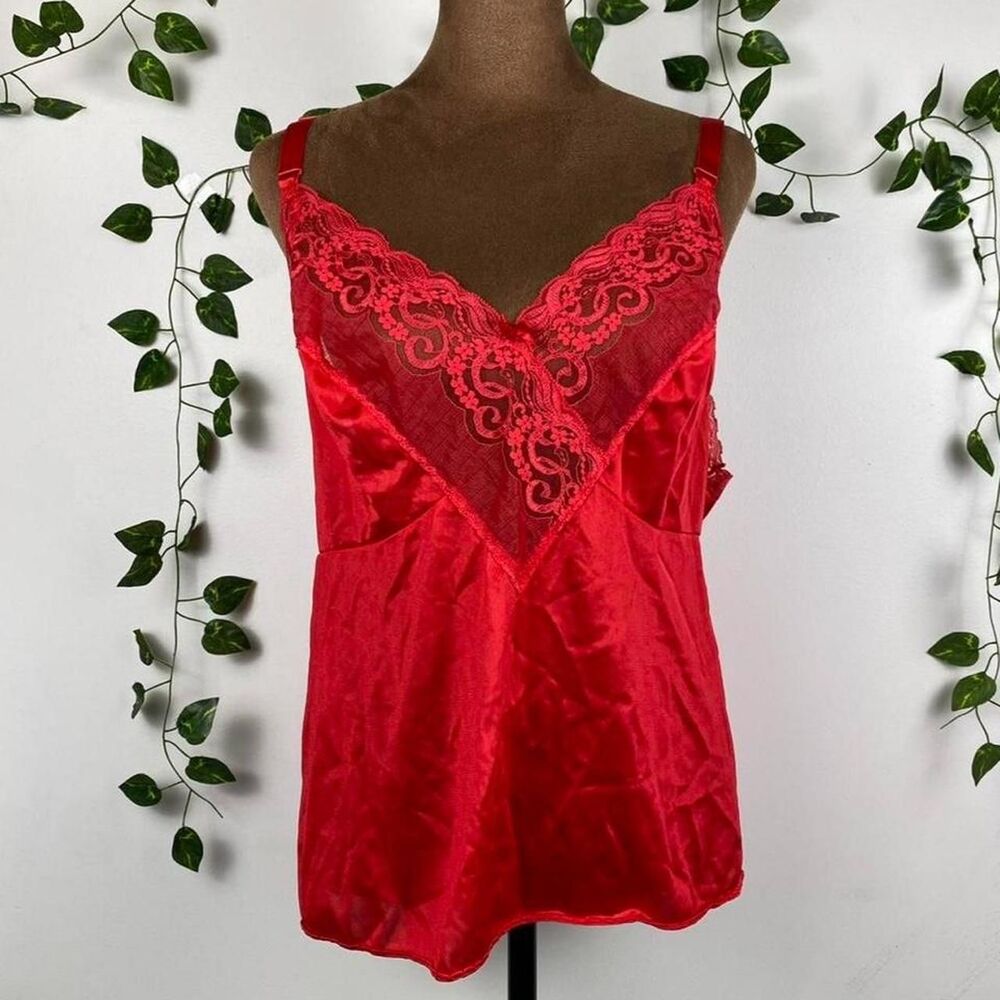Vassarette Red lace slip cami top sheer deep v-neck romantic lingerie blouse